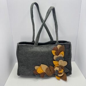 Gray Felt Floral Tote Bag‎ Shoulder Analog Bag Applique Fall Leaves Boho Nature